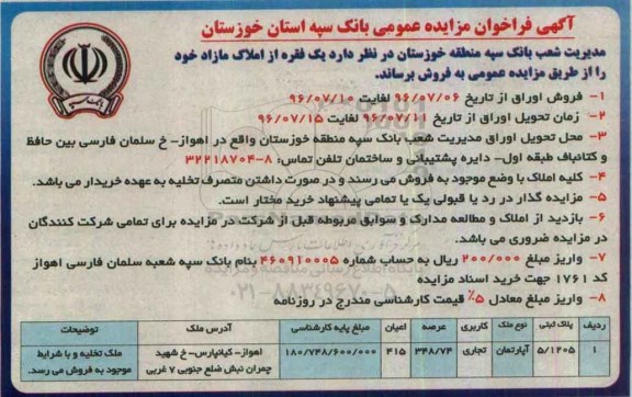 مزایده,مزایده آپارتمان تجاری مساحت 348.74متر