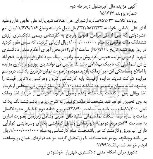 مزایده,مزایده ششدانگ پلاک ثبتی 881/300 یک باب خانه