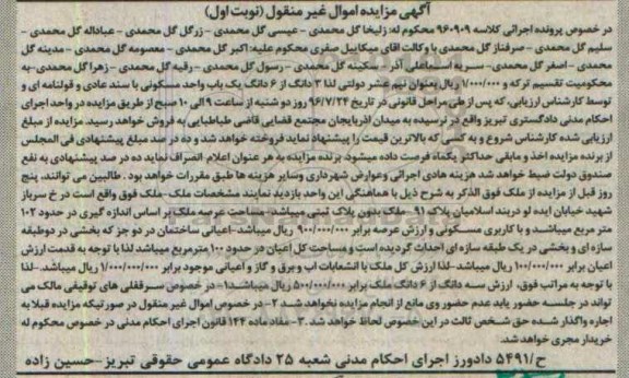 مزایده,مزایده سه دانگ از ششدانگ واحد مسکونی با سند عادی