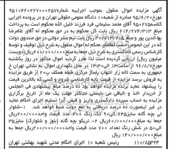 آگهی مزایده اموال منقول, مزایده فروش شلوار لی بچه گانه و ...
