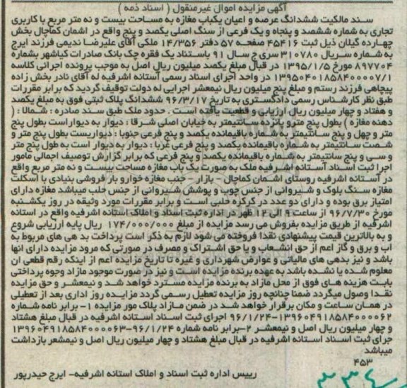مزایده,ممزایده سند مالکیت ششدانگ مغازه بیست و نه متر