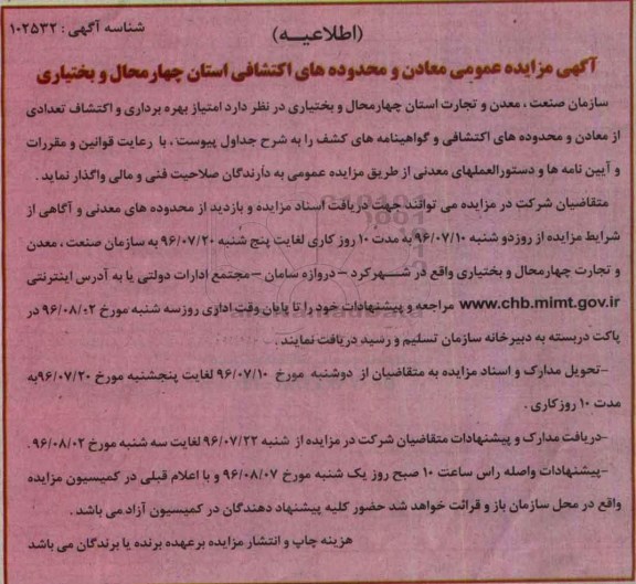 آگهی مزایده عمومی, مزایده امتیاز بهره برداری و اکتشاف تعدادی از معاون و محدوده های اکتشافی 