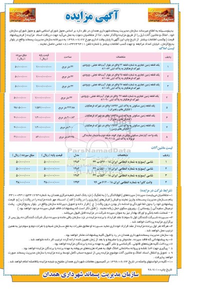 آگهی مزایده , مزایده املاک و ماشین آلات شاسی ایسوزو و وانت کاپرا