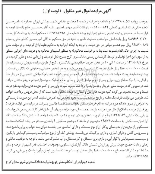 مزایده,مزایده ششدانگ آپارتمان مساحت 145.76متر