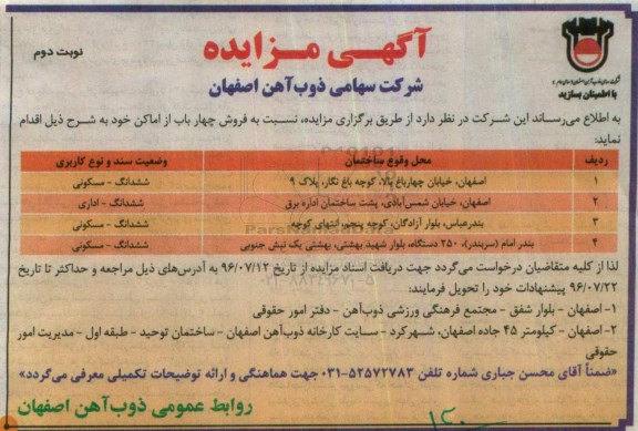مزایده,مزایده فروش4 باب از اماکن نوبت دوم