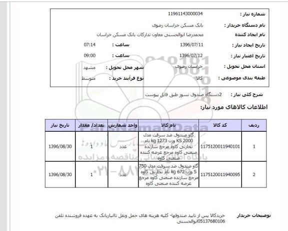 استعلام,استعلام ۲ دستگاه صندوق نسوز