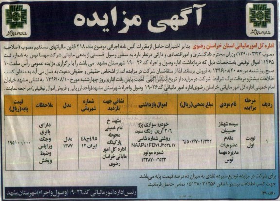 مزایده خودروسواری پژو 206 آریان رنگ سفید روغنی