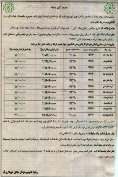 تجدید آگهی مزایده , مزایده واگذاری سرقفلی و اعیانی غرف 1 الی 11 جنب بلوک 9، با کاربری سبزی فروشی 