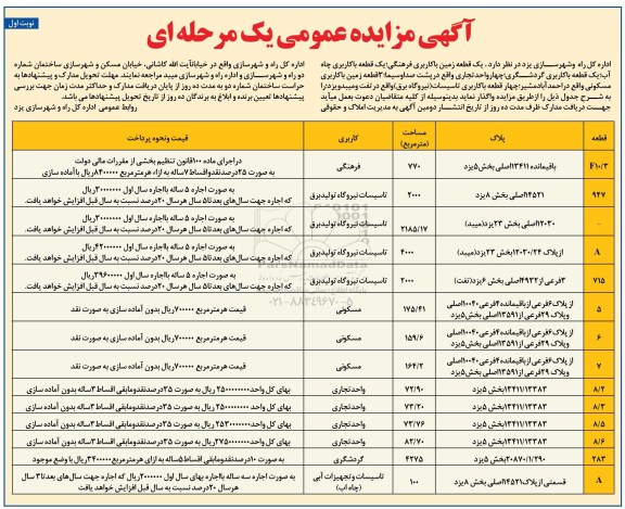 آگهی مزایده عمومی یک مرحله ای, مزایده یک قطعه زمین با کاربری فرهنگی...
