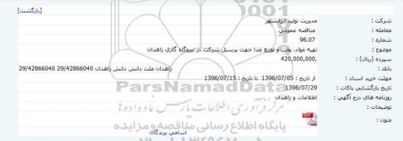 مناقصه عمومی , مناقصه تهیه مواد، پخت و توزیع غذا جهت پرسنل شرکت 