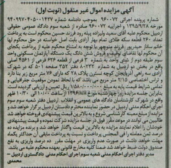 مزایده,مزایده آپارتمان مسکونی زیربنای هفتاد و شش متر