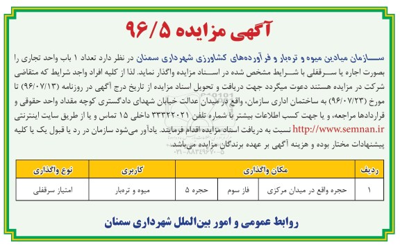 آگهی مزایده, مزایده اجاره تعداد 6 باب واحد تجاری