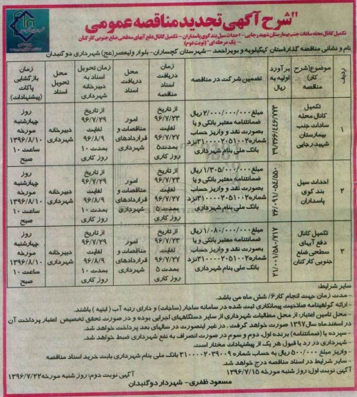 تجدید مناقصه عمومی یک مرحله ای,مناقصه تکمیل کانال محله سادات  و ... نوبت دوم 