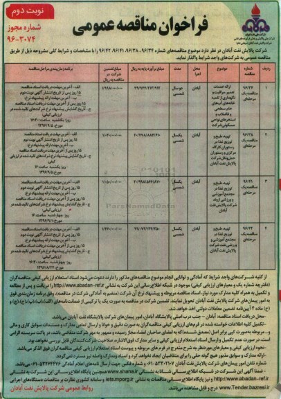فراخوان مناقصه عمومی , فراخوان مناقصه ارائه خدمات تعمیر ، مراقبت و نگهداری از تلمبه خانه های آبهای خام... - نوبت دوم 
