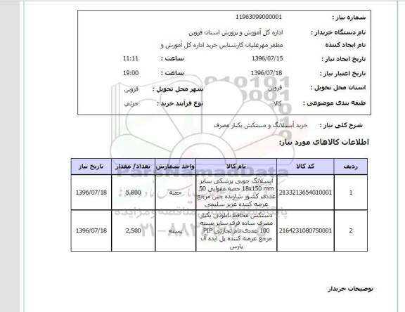 استعلام , استعلام خرید آبسلانگ و دستکش یکبار مصرف