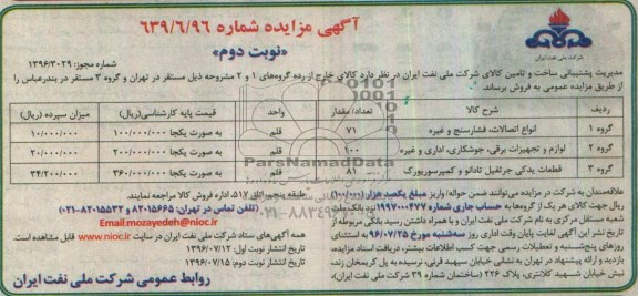آگهی مزایده , مزایده فروش انواع اتصالات ، فشارسنج و غیره  - نوبت دوم 