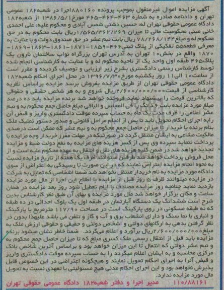 مزایده,مزایده ششدانگ آپارتمان طبقه اول 117.90متر