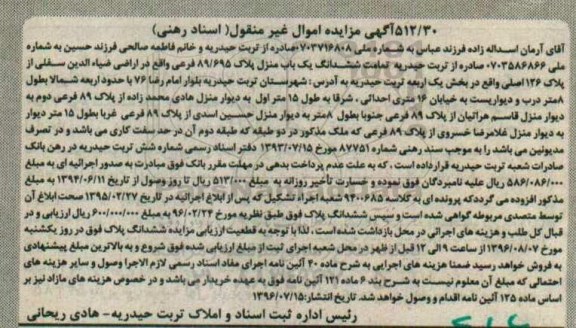 مزایده,مزایده تمامت ششدانگ یکباب منزل بخش یک تربت حیدریه 