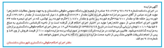 مزایده , مزایده مقدار 124/840 گرم خورده ریز حلقه طلا