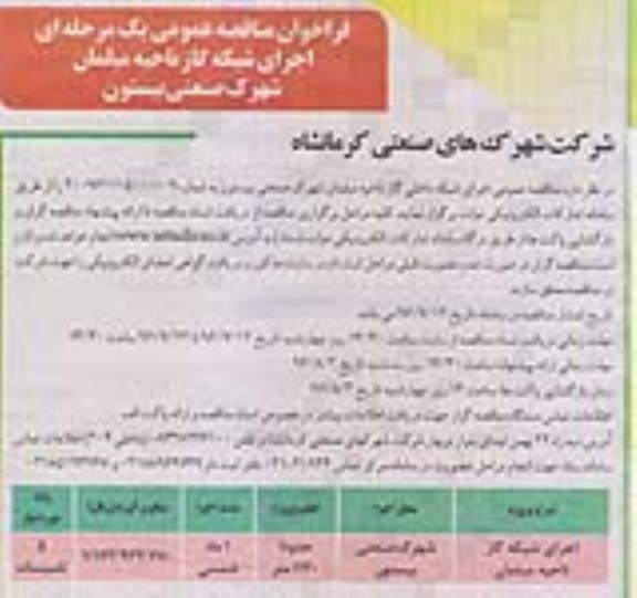 مناقصه عمومی ، فراخوان مناقصه عمومی اجرای شبکه گاز ناحیه مبلمان شهرک صنعتی بیستون