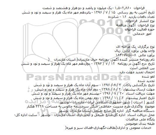 آگهی مناقصه, مناقصه واگذاری طرح مديريت حفاظتی جنگل سرچشمه