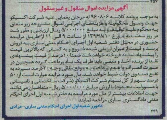 آگهی مزایده , مزایده 50 درصد سهم از کل سهام شرکت اکسیکو