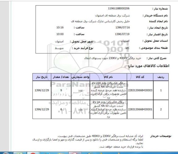 استعلام ، استعلام خرید برقگیر 400kv , 230kv جهت پستهای انتقال 