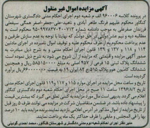 مزایده,مزایده ششدانگ پلاک ثبتی 15 فرعی و ..