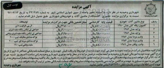 آگهی مزایده، مزایده حضوری 6 دستگاه ماشین آلات و خودرو
