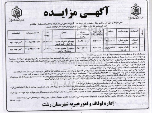 آگهی مزایده ,مزایده اجاره مغازه