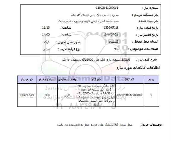 استعلام , استعلام کاغذ 132 ستونه با ارم بانک ملی 2000 برگی سفید درجه یک