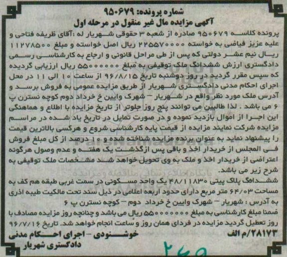 مزایده,مزایده ششدانگ پلاک ثبتی مساحت 64.03متر