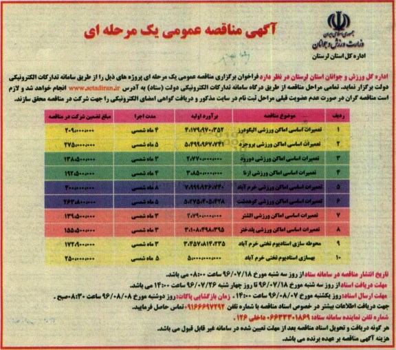 آگهی مناقصه عمومی, مناقصه تعمیرات اساسی اماکن ورزشی الیگودرز  ...