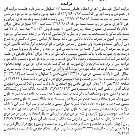 مزایده,مزایده ملک مساحت 1063.83متر 