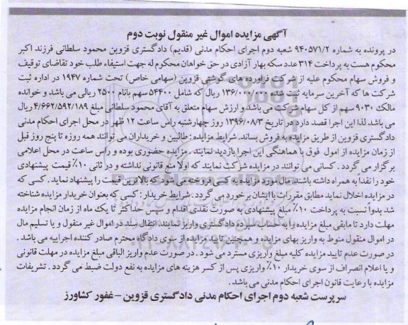 آگهی مزایده اموال غیرمنقول، مزایده فروش سهام - نوبت دوم 