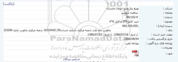 مناقصه خرید کابل 6*2 و کابل 6*4