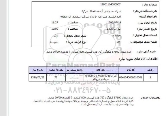 استعلام، استعلام خرید مقدار 57600 کیلوگرم کلر مایع