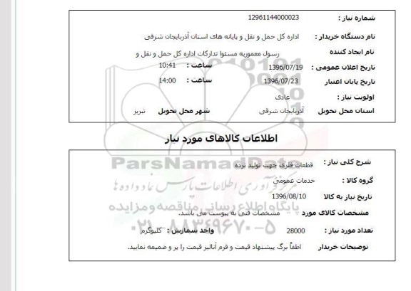 استعلام، استعلام قطعات فلزی جهت تولید نرده