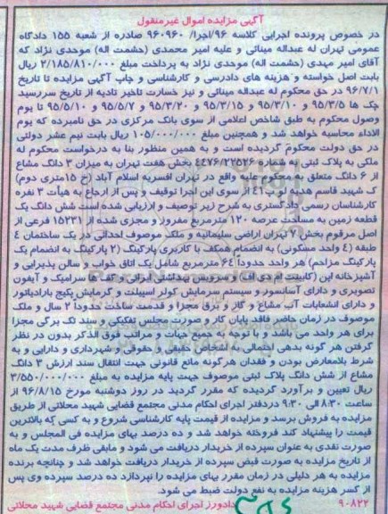 مزایده,مزایده ششدانگ زمین مساحت عرصه صد و بیست متر