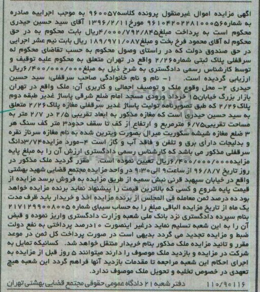 مزایده,مزایده سرقفلی مغازه مساحت 6.75متر