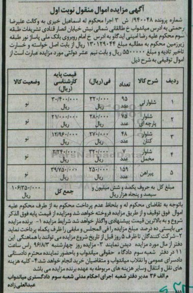 آگهی مزایده ,مزایده شلوار و پیراهن 