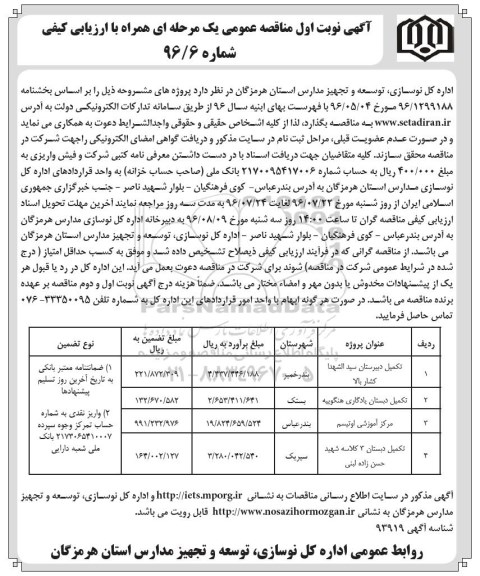 مناقصه, مناقصه پروژه های تکمیل دبیرستان، دبستان، مرکز آموزشی ... 