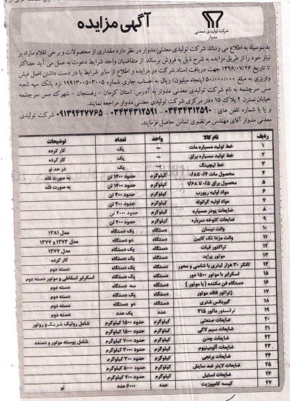 آگهی مزایده,مزایده مقداری از محصولات و برخی اقلام مازاد