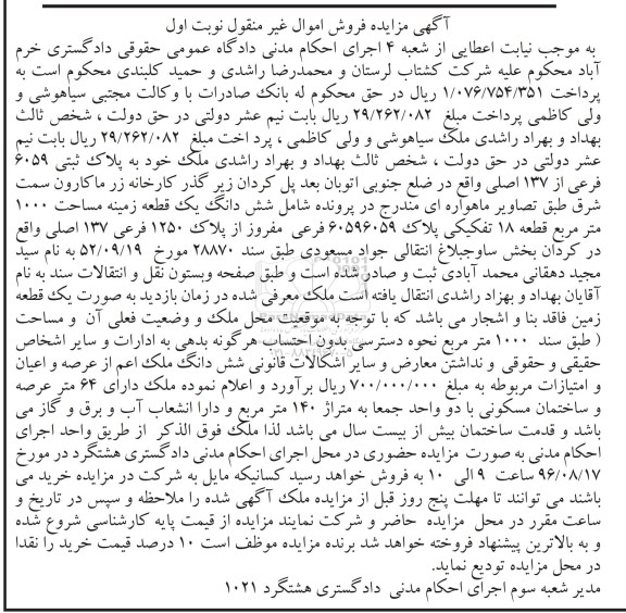 مزایده,مزایده ششدانگ زمین مساحت 1000متر