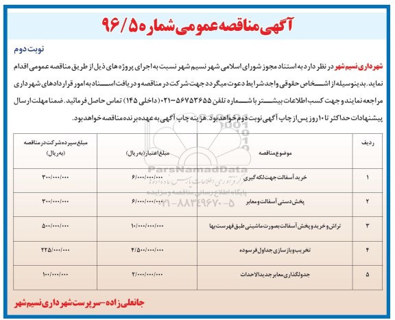 آگهی مناقصه عمومی , مناقصه خرید آسفالت جهت لکه گیری ... - نوبت دوم 