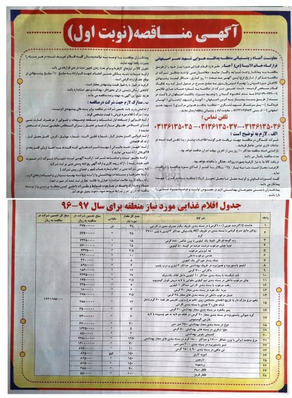 آگهی مناقصه, مناقصه واگذاری  اقلام غذایی مورد نیاز