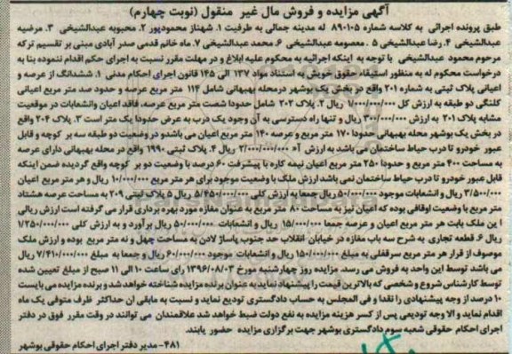 مزایده ,مزایده املاک شامل پلاک ثبتی و قطعه تجاری نوبت چهارم