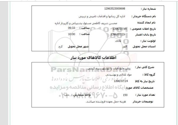 استعلام، استعلام روغن مایع آفتاب یا بهشهر سرخ کردنی
