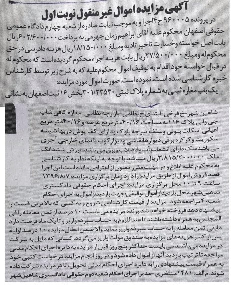 مزایده,مزایده یکباب مغازه مساحت 40.16متر