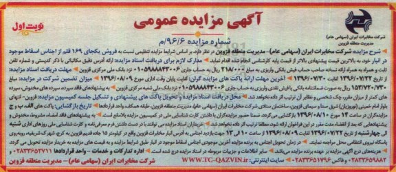 مزایده ,مزایده فروش یکجای 169 قم از اجناس اسقاط موجود در انبار خود نوبت اول